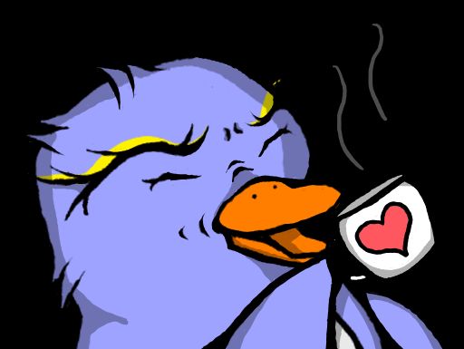 Adele the purple penguin happily drinking coffee out of a white mug with a red heart on it, just like the Ko-Fi logo