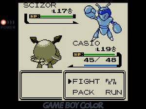 CASIO facing off against a blue Scizor with boxing gloves and helmet