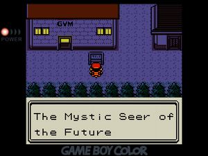 Reading a sign outside of the gym. 'The Mystic Seer of the Future'