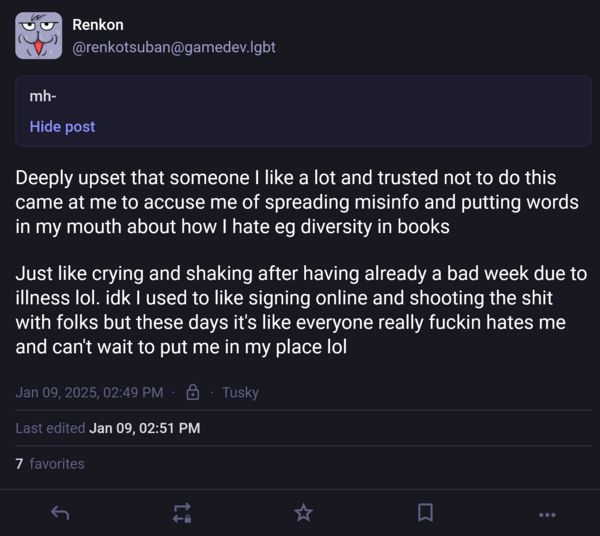 Screenshot of a private post on my Mastodon account with the content warning labeled "mental health: negative" and the following text: