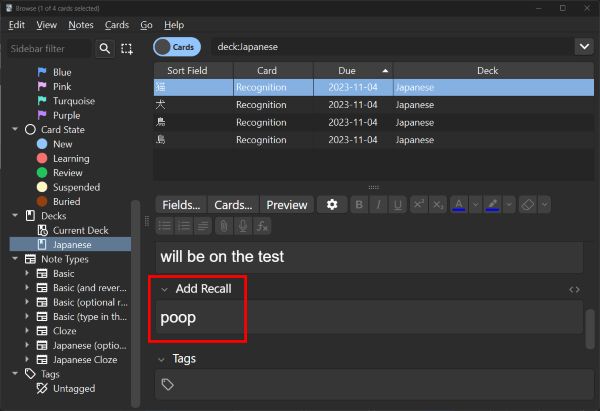 The word "poop" in the "Add Recall" field of the "cat" card