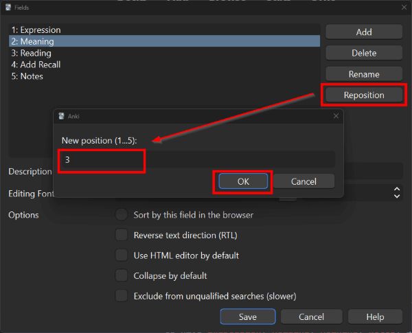 Repositioning "Meaning" field to 3