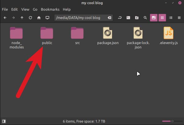 Folder "my cool blog" with an arrow pointing at the new "public" subdirectory