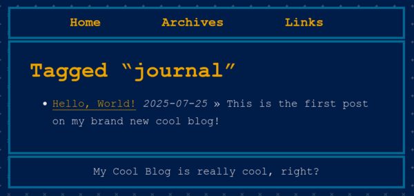 Tag page for "journal" listing the "Hello, World!" entry