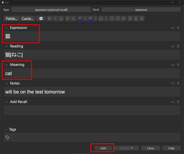 Note with the kanji for cat in the Expression field, hiragana "neko" in the Reading field, and the English word "cat" in the Meaning field. The "Add" button is highlighted in red.