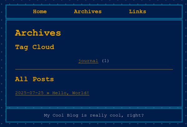 Archives page with a Tag Cloud section at the top with a link to the "journal" tag, and All Posts underneath listing the "Hello, World!" blog entry