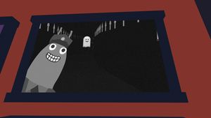 Grainy black-and-white night footage of Lobster Cop grinning hugely and a white smiling ghost floating far in the background