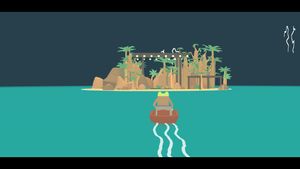 The frog detective riding in a tiny canoe towards a small island with mountains and palm trees. The sky is dark and there is lightning on one side