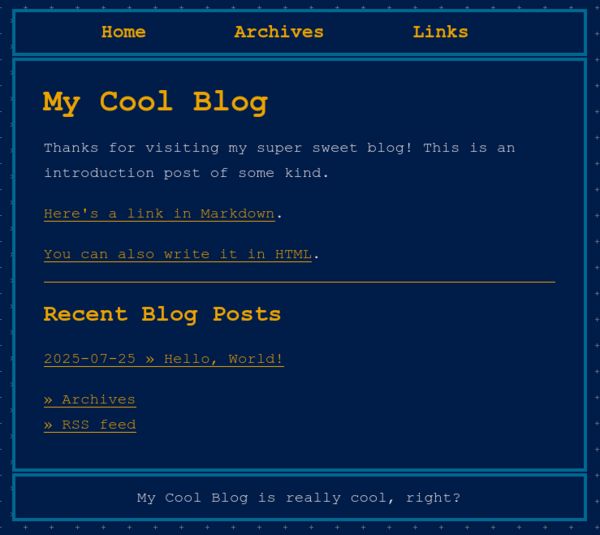 Blue and yellow website titled "My Cool Blog" with the contents from index.md above