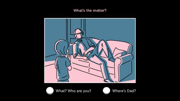 A bearded man wearing a hat sitting up on the couch. He asks, "What's the matter?" Options: 1) "What? Who are you?" 2) "Where's Dad?"