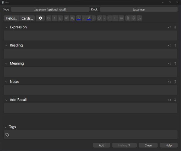 New note entry set to "Japanese (optional recall)"