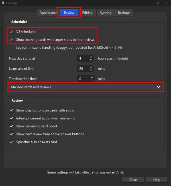 Anki Preferences window open to Review pane, with "V3 scheduler" and "Show learning cards with larger steps before reviews" checked and outlined. A drop-down menu with "Mix new cards and reviews" is also outlined in red.